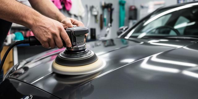 高級車のボンネットを工房内でポリッシャー研磨する施工風景